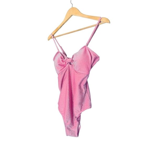 Betsey Johnson Barbie Pink Metallic Glitter Sweetheart Bow Keyhole Swimsuit - Picture 7 of 12